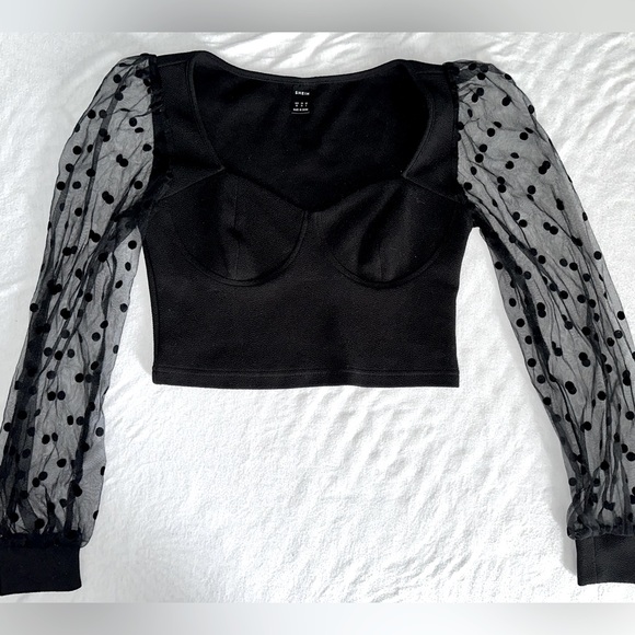 SHEIN Corset Mesh Lantern Sleeve Crop Top - Picture 2 of 5